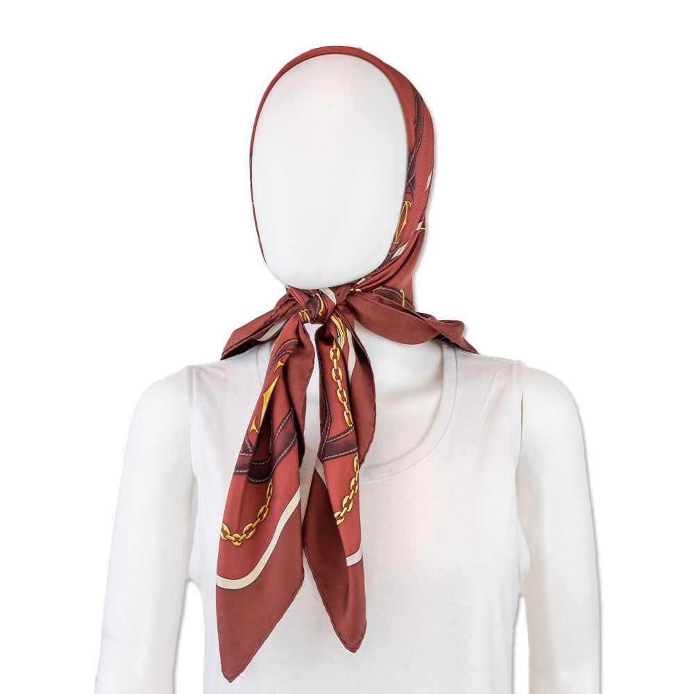 Cartier Burgundy Belt Chain Pattern Silk Scarf