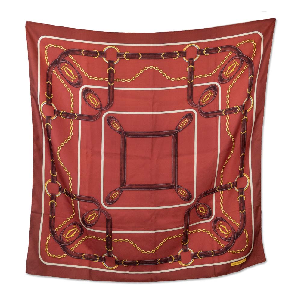 Cartier Burgundy Belt Chain Pattern Silk Scarf