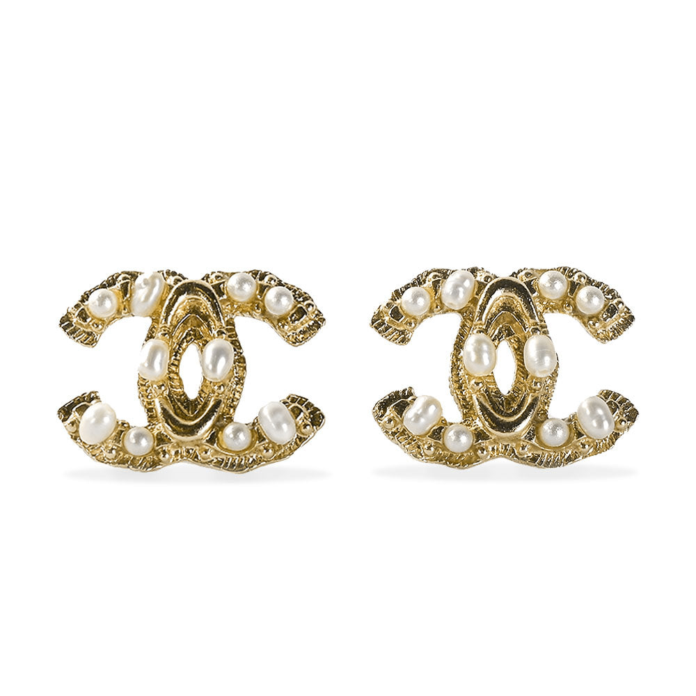 Chanel Pearl & Gold Interlocking CC Post Earrings