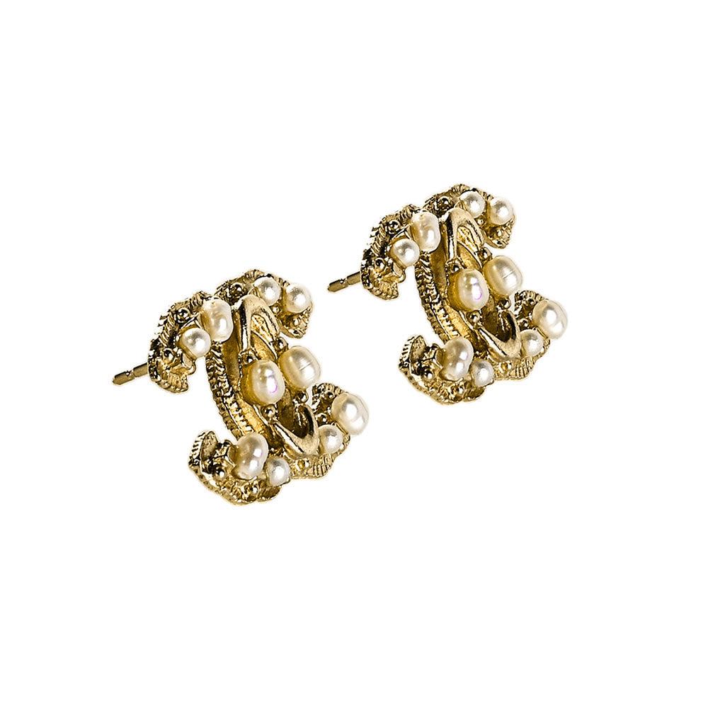 Chanel Pearl & Gold Interlocking CC Post Earrings