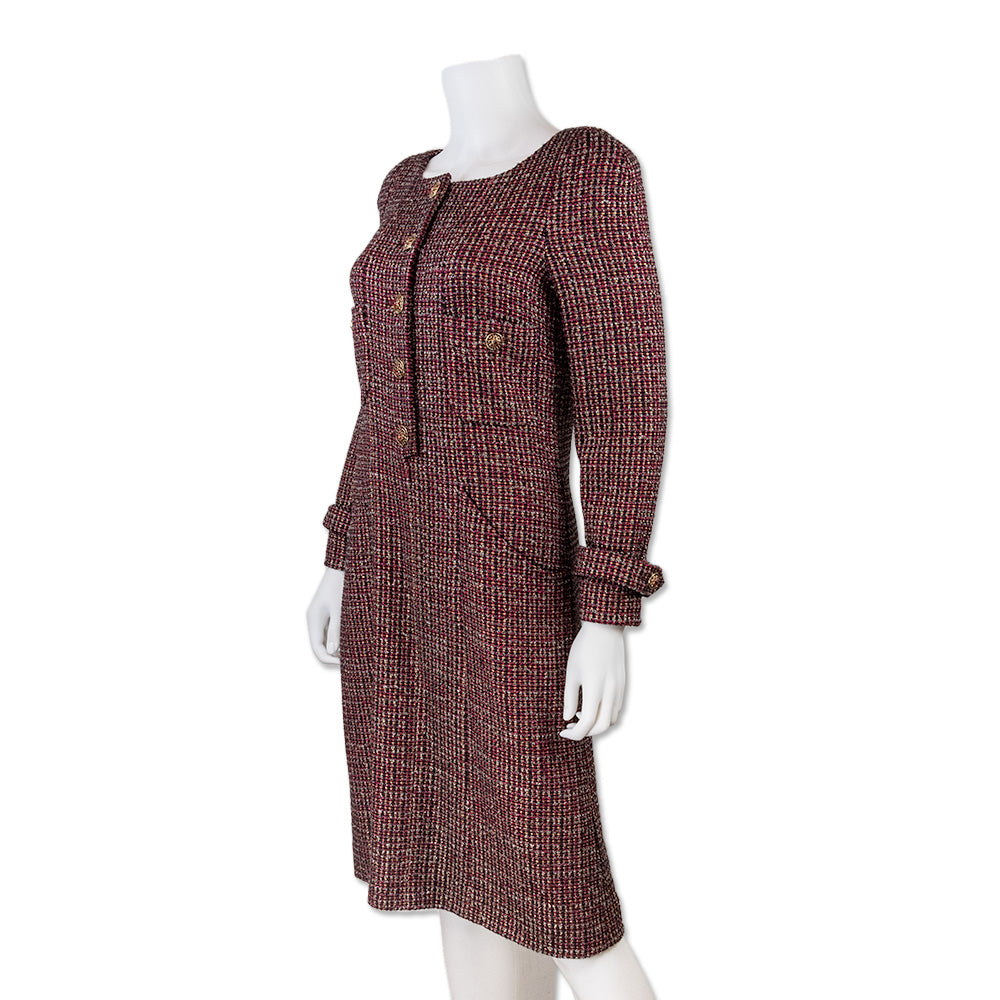 Chanel Red and Black Long Sleeve Tweed Dress with Crystal Buttons