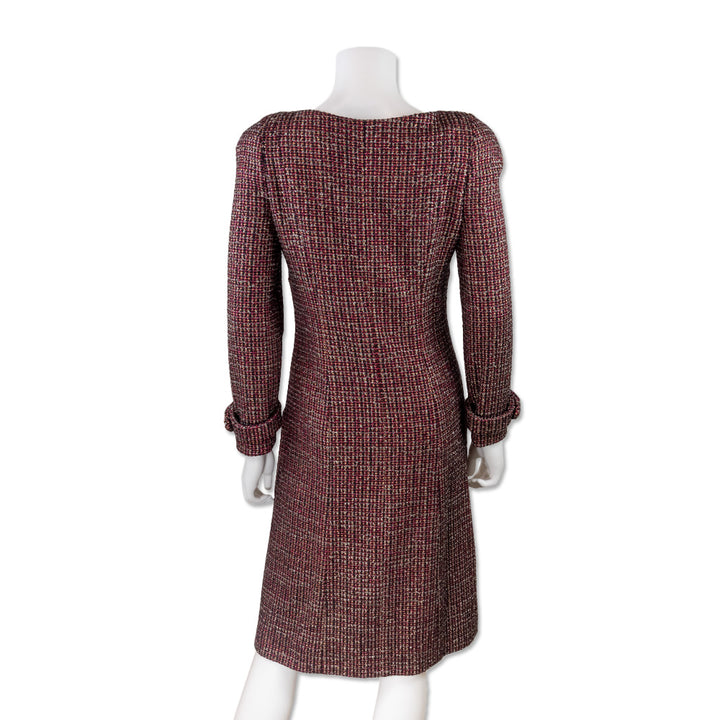 Chanel Red and Black Long Sleeve Tweed Dress with Crystal Buttons