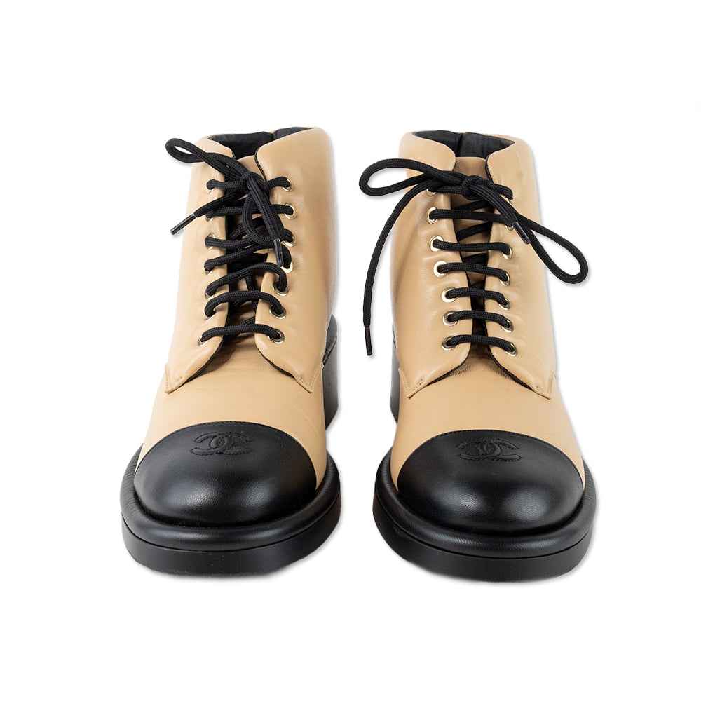 Chanel Beige Leather Lace Up Ankle Boot