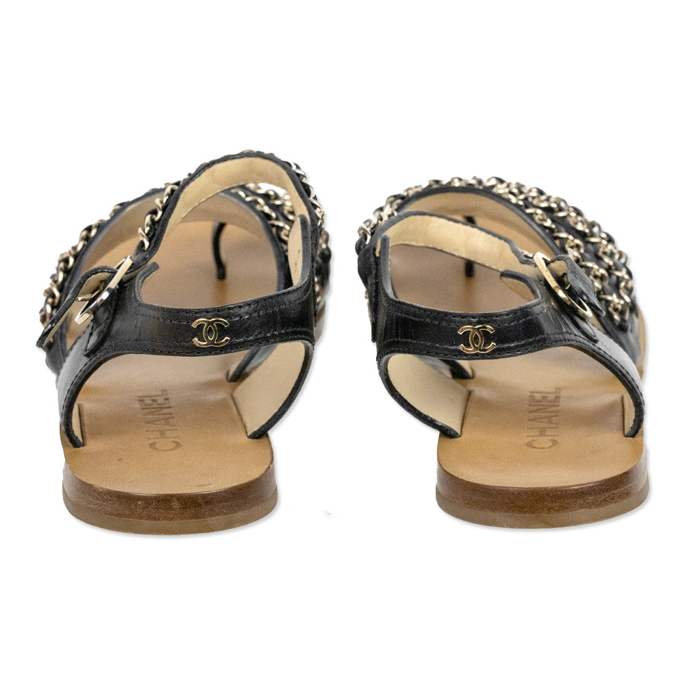 Chanel Black Leather CC Chain Link Sandals