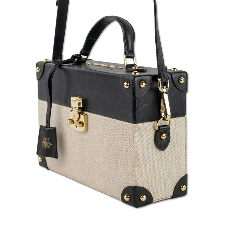 Charlotte Olympia Black Leather Beige Canvas Briefcase