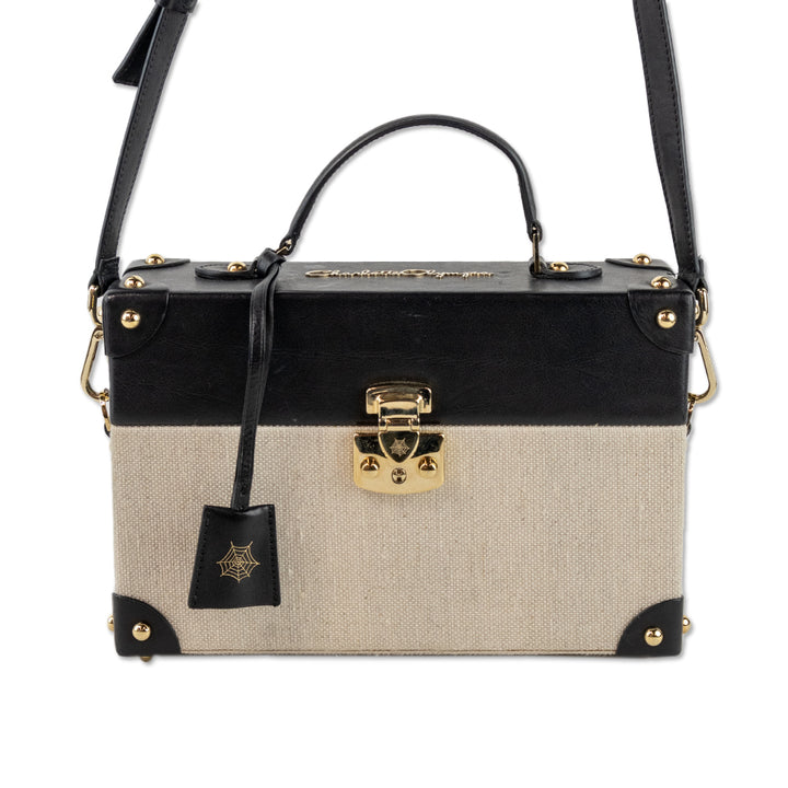 Charlotte Olympia Black Leather Beige Canvas Briefcase