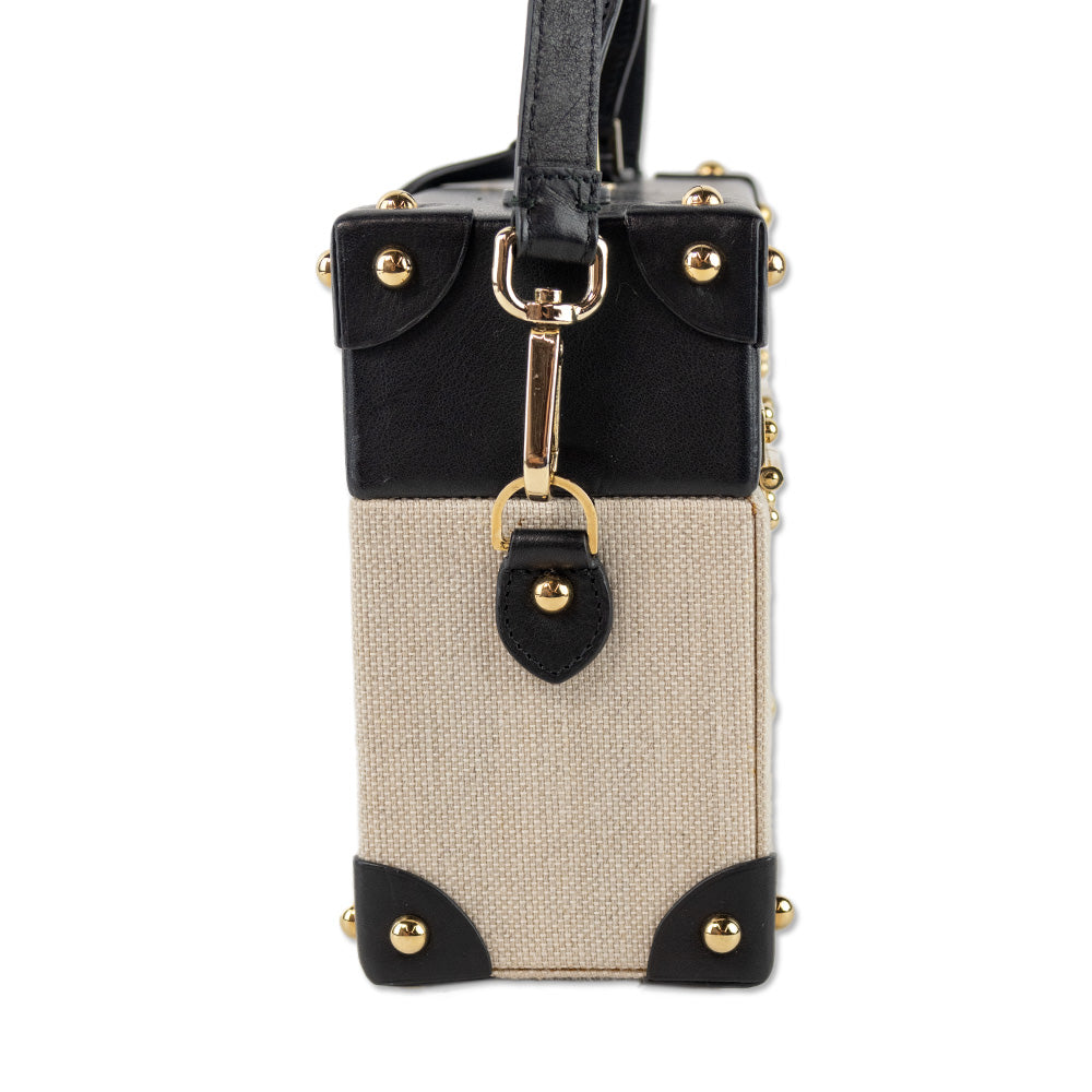 Charlotte Olympia Black Leather Beige Canvas Briefcase