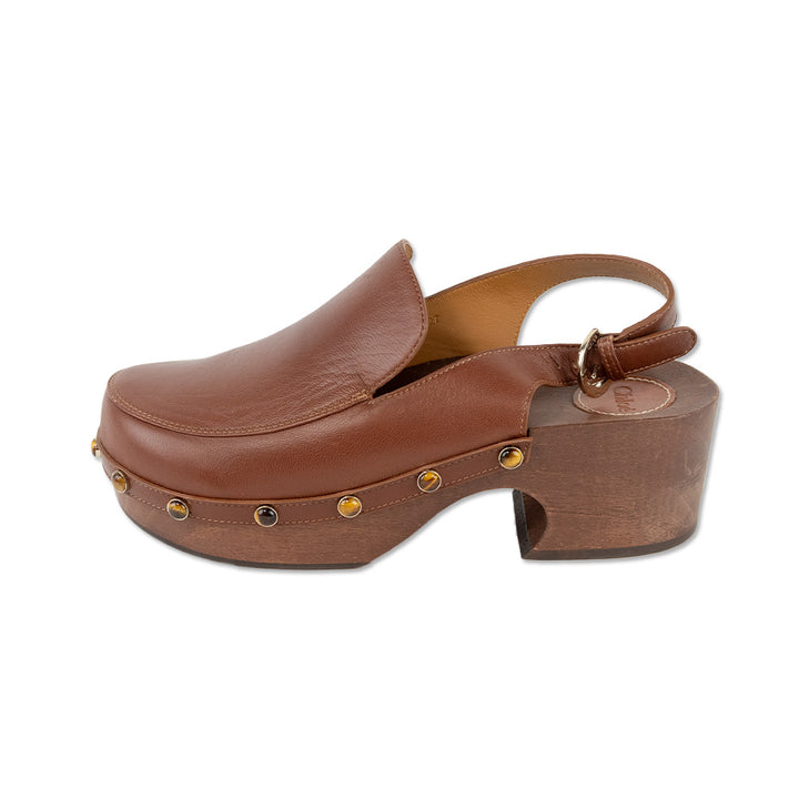 Chloé Brown Aurna Leather Studded Accent Slingback Clogs