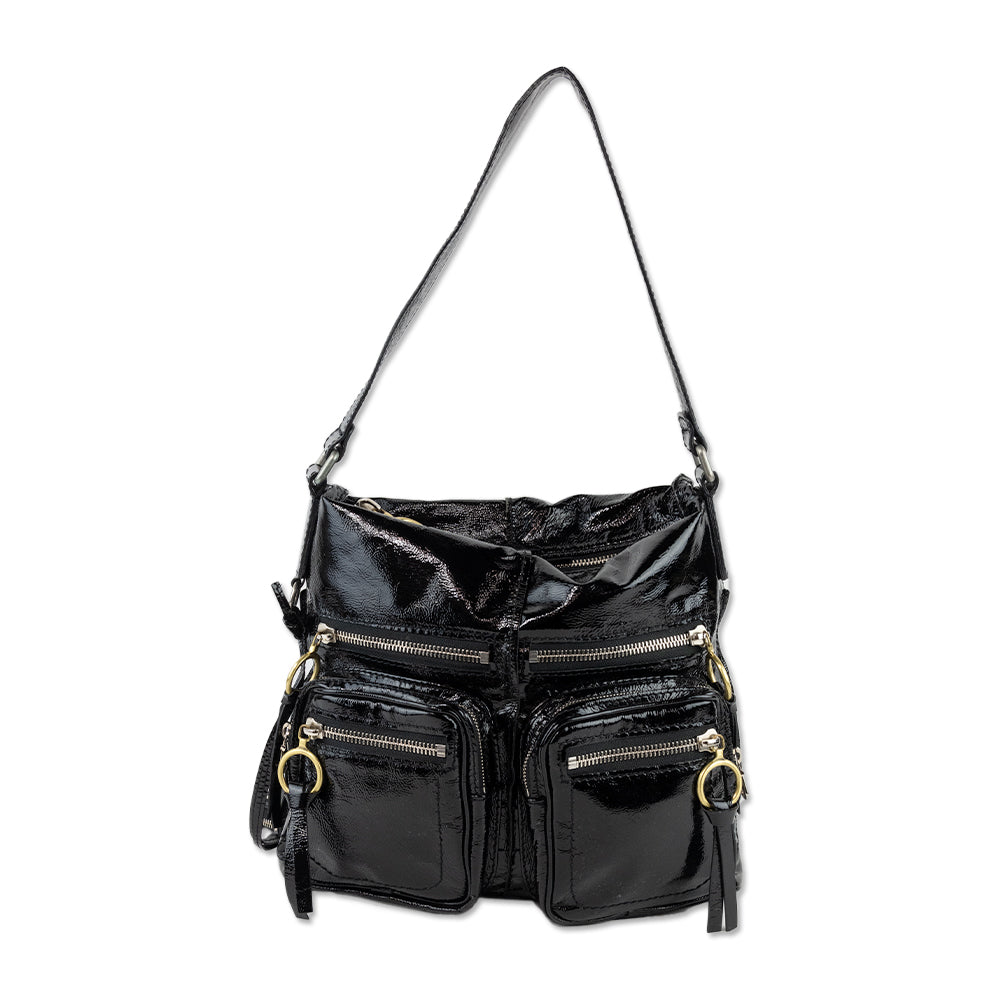 Chloe Crinkled Black Patent Leather Betty Shoulder Bag