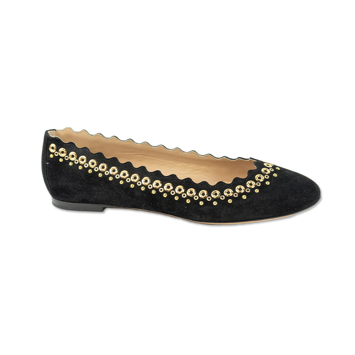 Chloe Black Suede Scalloped Studded Ballet Flats