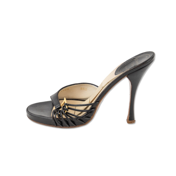 Christian Dior Black Leather Open Toe Logo Heeled Sandals