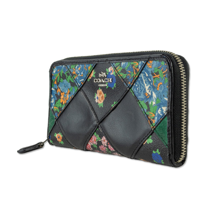 Coach Black Floral Diamond Quilted Patchwork Leather Long Wallet