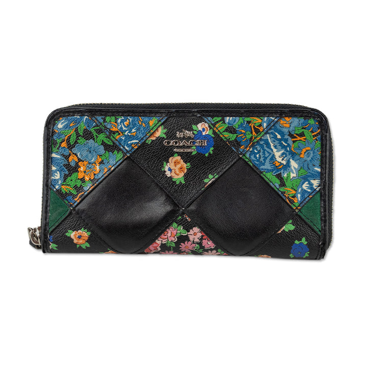 Coach Black Floral Diamond Quilted Patchwork Leather Long Wallet