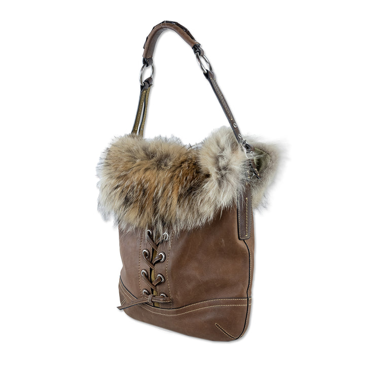 Coach Brown Lace Leather Coyote Fur Trim Tote