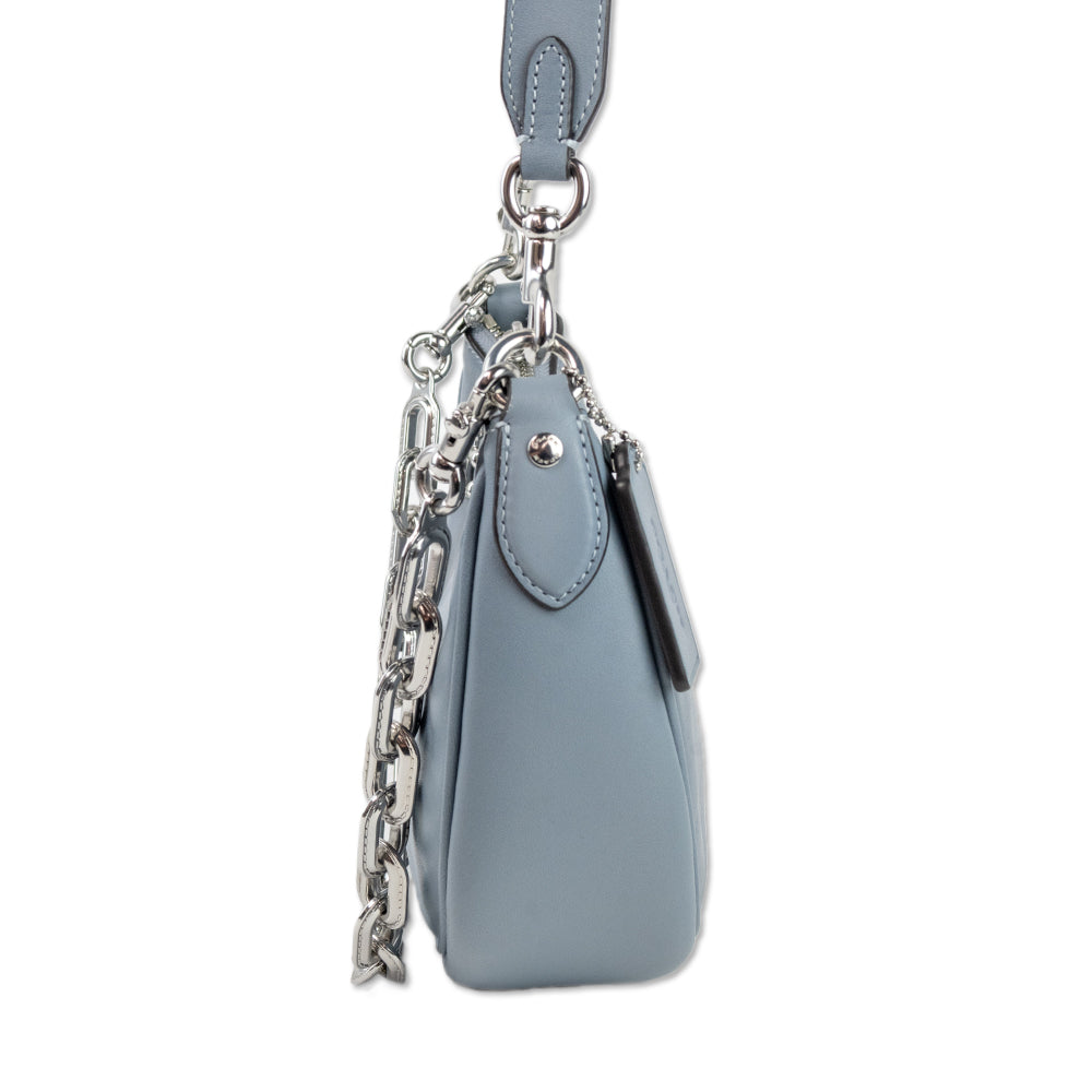 Coach Powdered Blue Leather Shoulder Bag with Silver Chain Strap