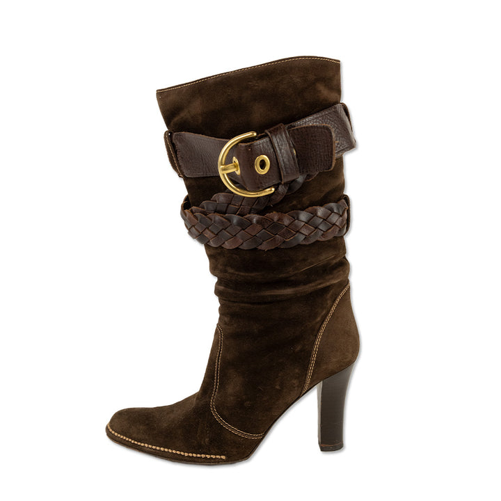 Coach Randie Brown Suede Braided Leather Buckle Mid-Calf Boots