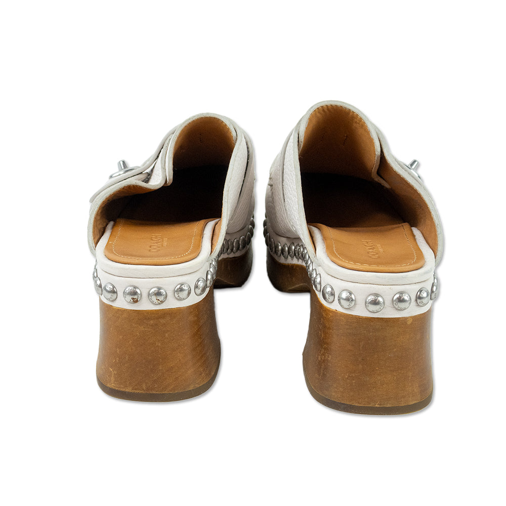 Coach White Leather Studded Moccasin Clogs