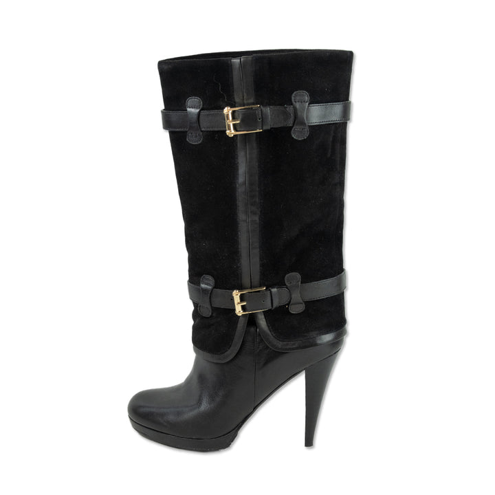 Cole Haan Nike Air Black Leather and Suede Knee High-Heeled Boots