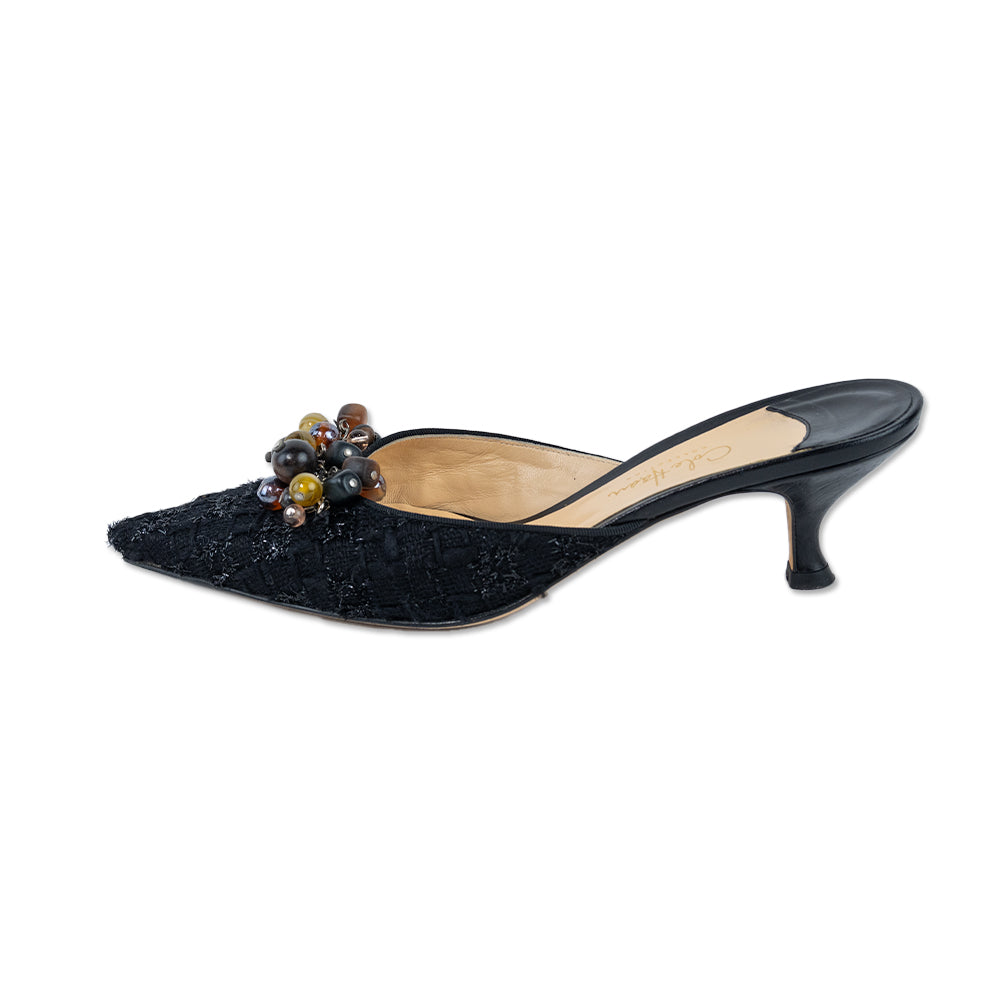 Cole Haan Black Beaded Tweed Mule Kitten Heel Pumps