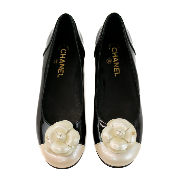 Chanel Black & Cream Patent Leather CC Camellia Ballet Flats