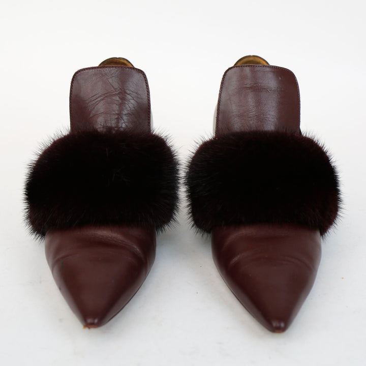 Givenchy Burgundy Leather Pointed Toe Fur Trim Pumps