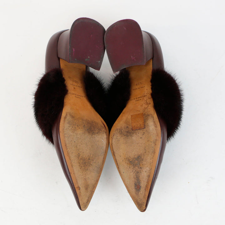 Givenchy Burgundy Leather Pointed Toe Fur Trim Pumps