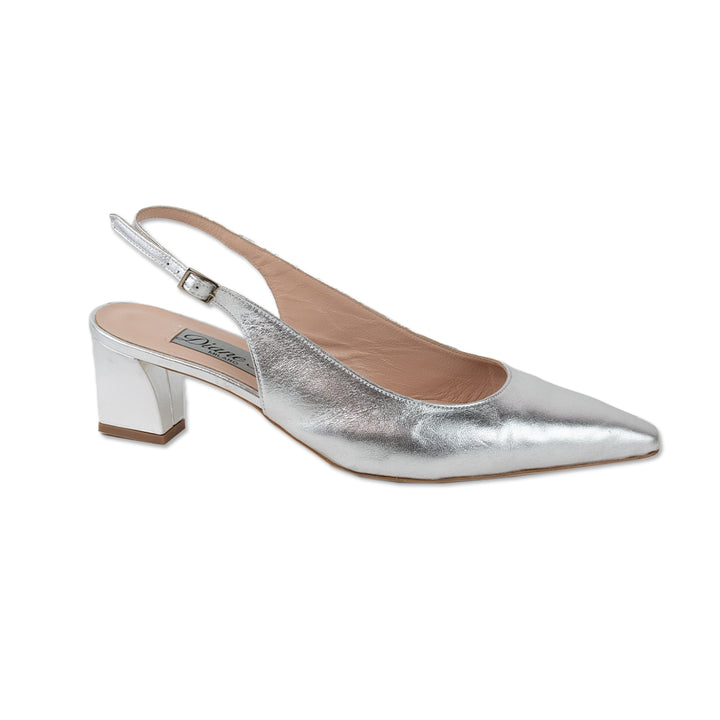 Diane B. Silver Leather Pointed Toe Slingback Heels