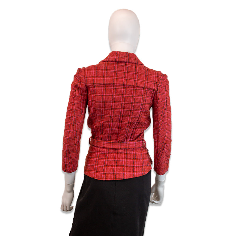 Diane von Furstenberg Pink Plaid Belted Peplum Blazer