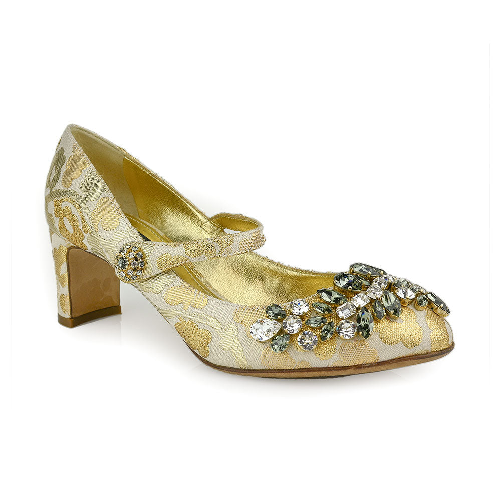 Dolce & Gabbana Gold Jacquard Crystal Embellished Mary Jane Pumps