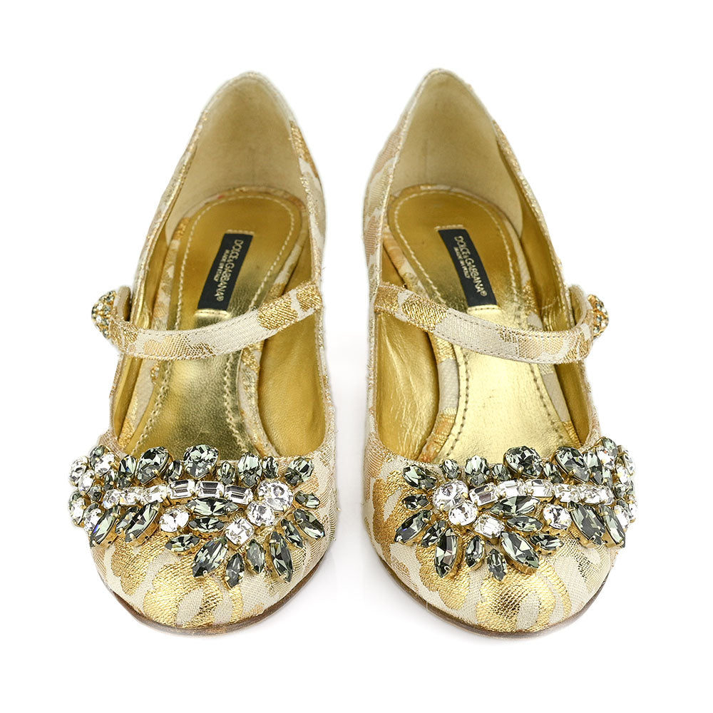 Dolce & Gabbana Gold Jacquard Crystal Embellished Mary Jane Pumps