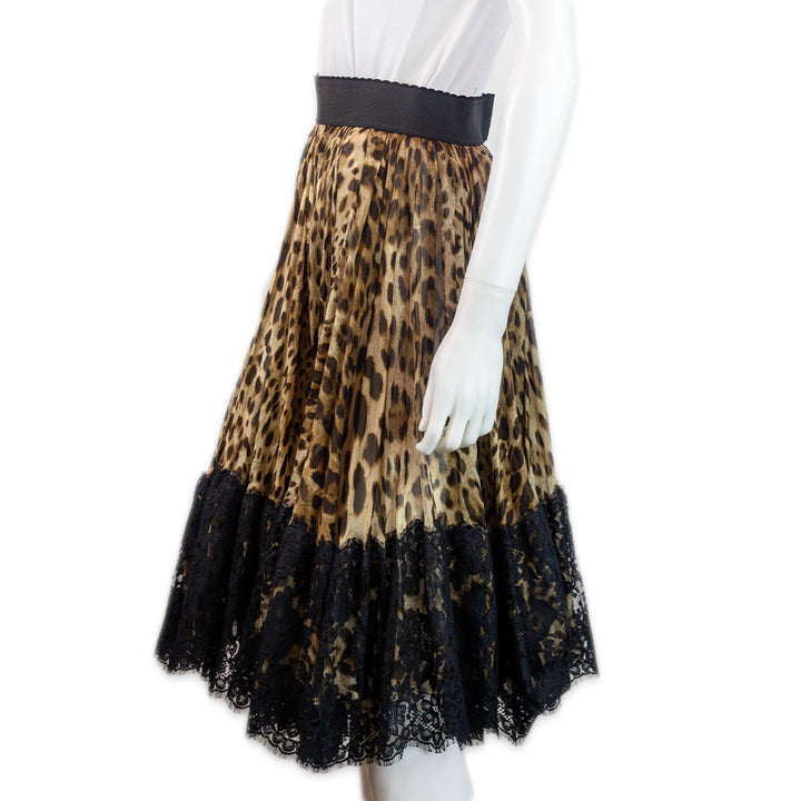 Dolce & Gabbana Leopard Print Black Lace Trim Pleated Midi Skirt