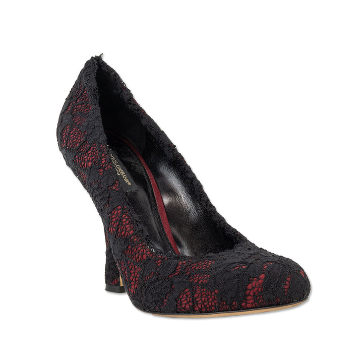 Dolce & Gabbana Red Suede Black Lace Pump