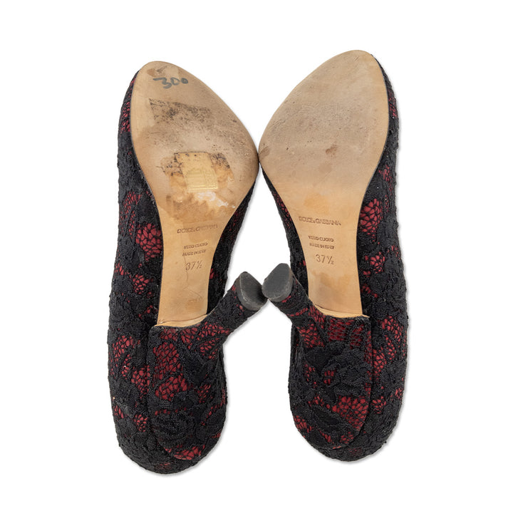 Dolce & Gabbana Red Suede Black Lace Pump