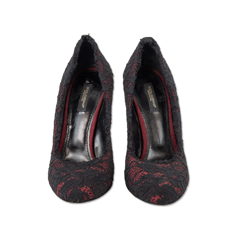 Dolce & Gabbana Red Suede Black Lace Pump