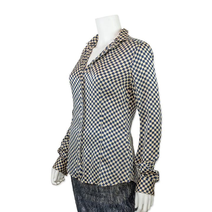 Dolce & Gabbana Silk Blue and Ivory Checkered Button Down Blouse