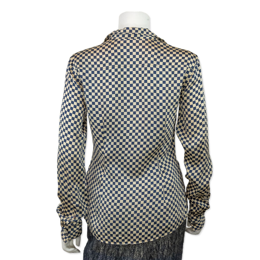 Dolce & Gabbana Silk Blue and Ivory Checkered Button Down Blouse