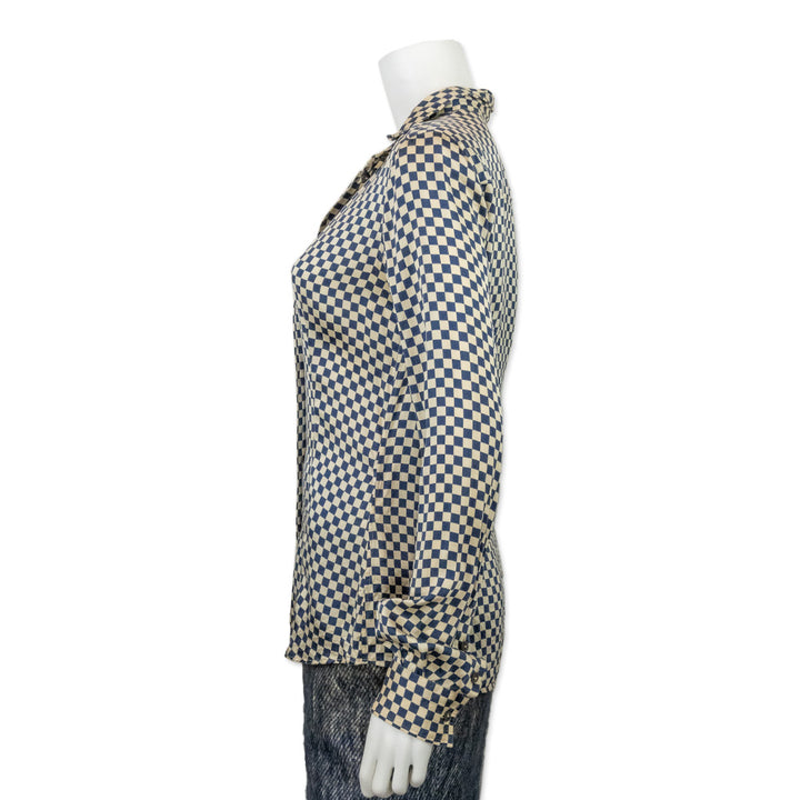 Dolce & Gabbana Silk Blue and Ivory Checkered Button Down Blouse