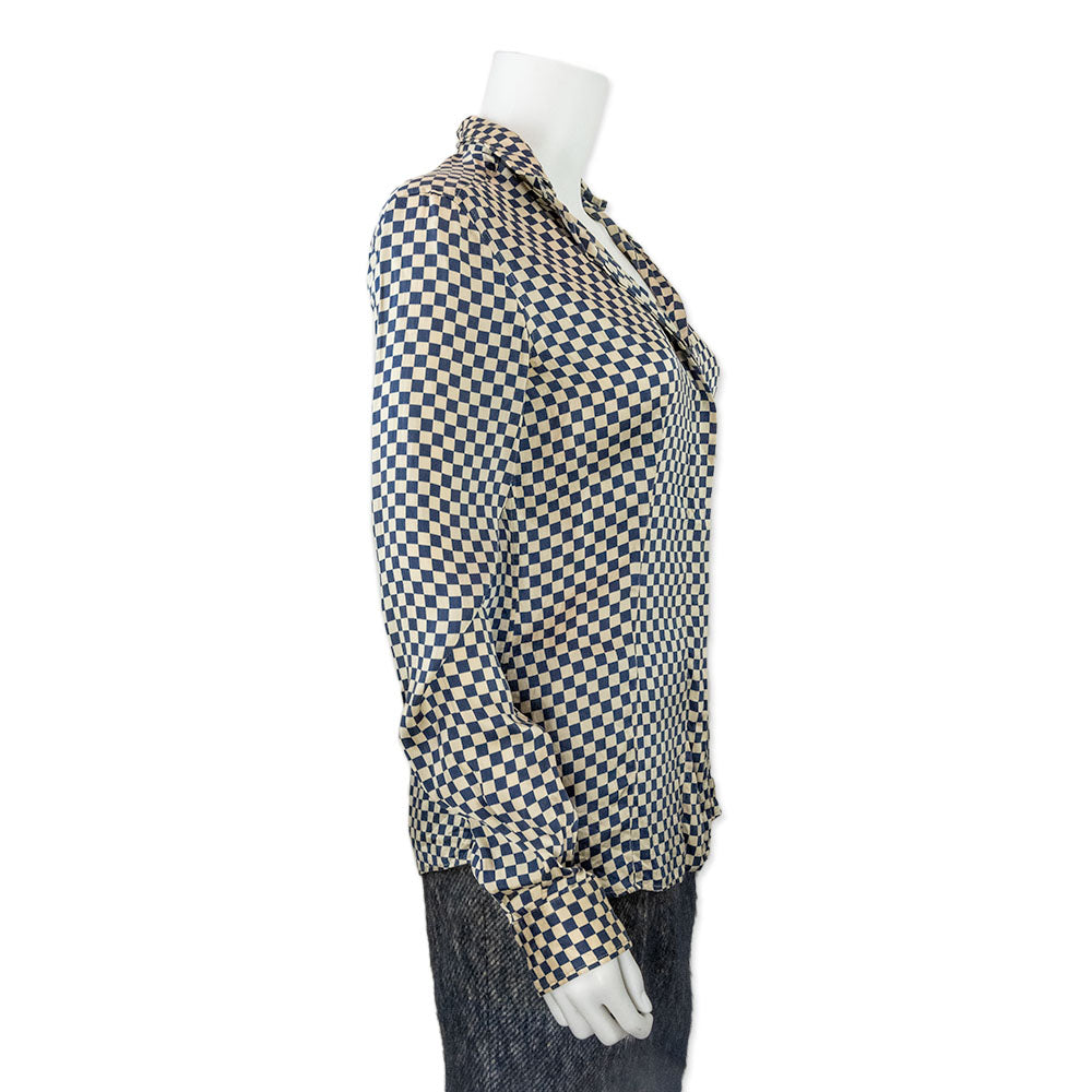 Dolce & Gabbana Silk Blue and Ivory Checkered Button Down Blouse