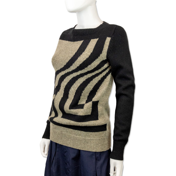 Dries Van Noten Black and Beige Abstract Print Wool Knit Sweater