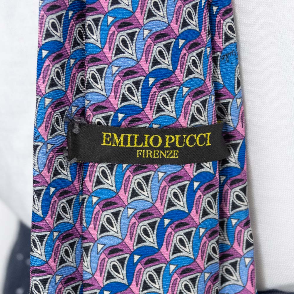 Emilio Pucci Purple/Blue Silk Art Deco Pattern Tie