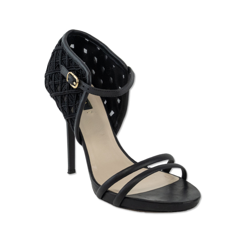 Escada Black Woven Counter Detail and Leather Strap Sandals