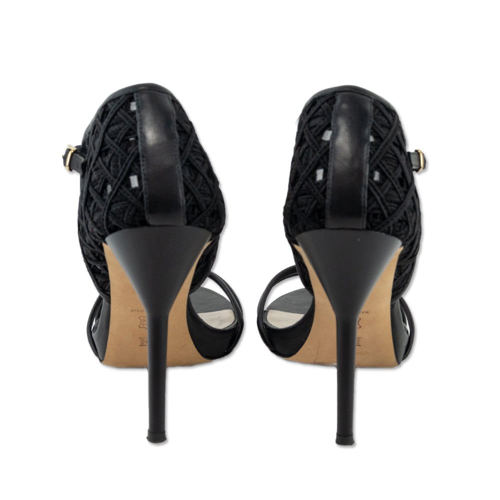 Escada Black Woven Counter Detail and Leather Strap Sandals