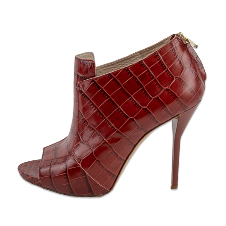 Escada Burnt Orange Croc-Embossed Leather Peep Toe Bootie