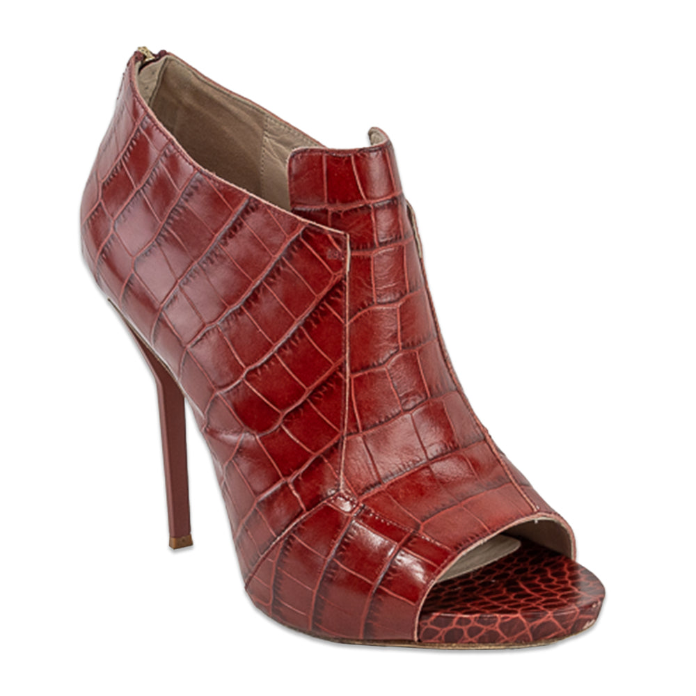 Escada Burnt Orange Croc-Embossed Leather Peep Toe Bootie