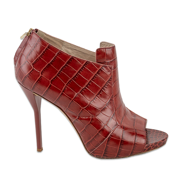 Escada Burnt Orange Croc-Embossed Leather Peep Toe Bootie