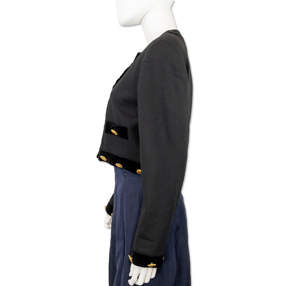 Escada Couture Black Woven Wool Velvet Trim Cropped Jacket with Gold Buttons