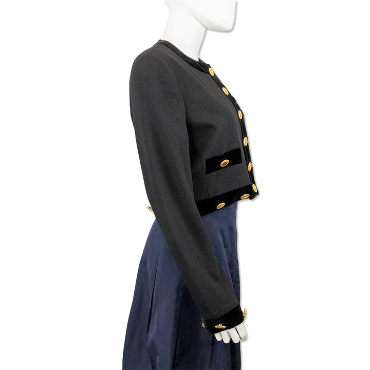 Escada Couture Black Woven Wool Velvet Trim Cropped Jacket with Gold Buttons