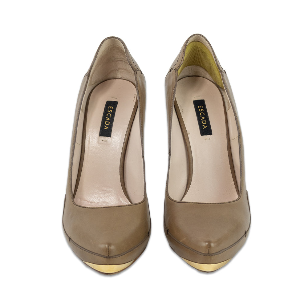 Escada Tobacco Brown Gold Accent Platform Pumps