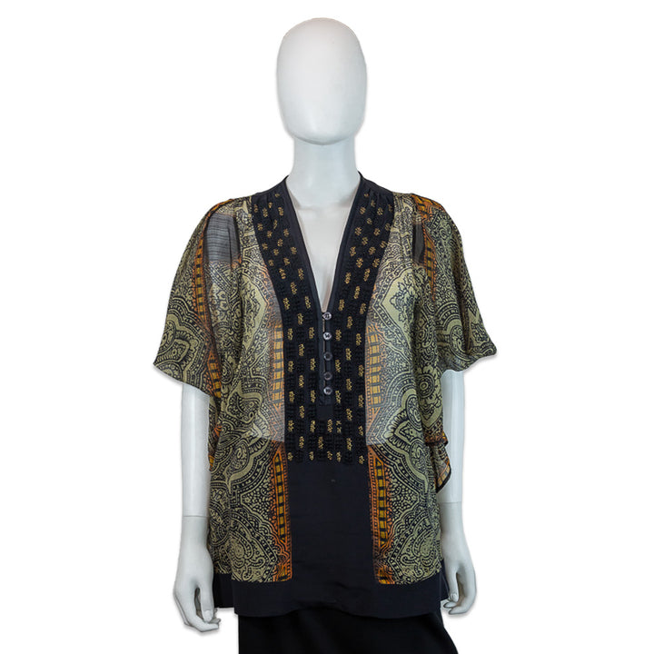 Etro Black/Beige Paisley Print Beaded Trim V-Neck Blouse