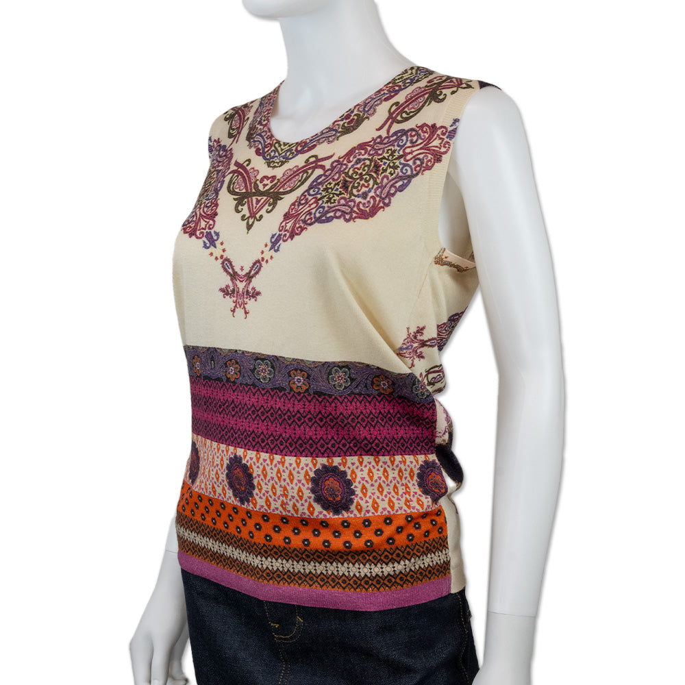 Etro Cream Paisley Print Silk Cashmere Sleeveless Top